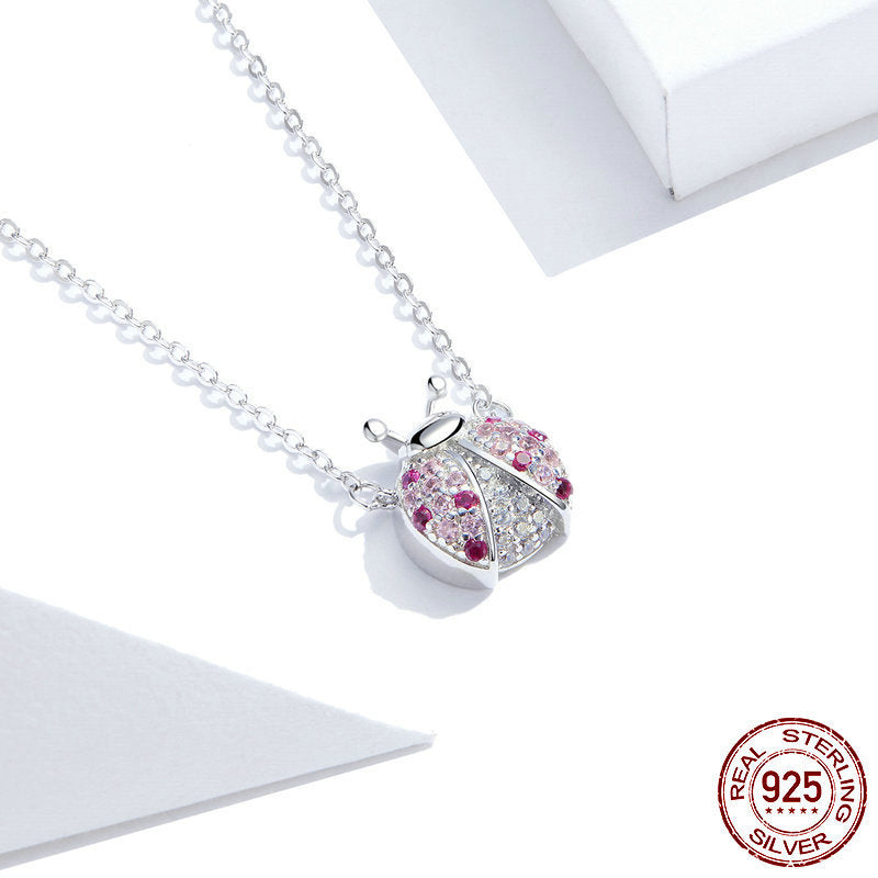 S925 Sterling Silver Necklace for Women Plated with White Gold Cute Pink Ladybug Pendant Necklace