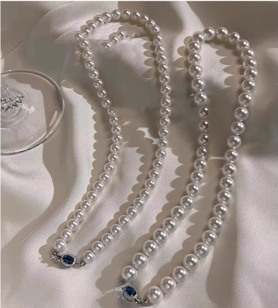 Natural Mother-of-Pearl Pearl Necklace  Silver Blue Gem Clasp High Luster Premium Quality Pearl Australian White Necklace