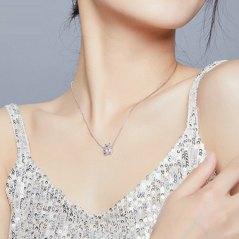 S925 Sterling Silver Necklace for Women Plated with White Gold Cute Pink Ladybug Pendant Necklace
