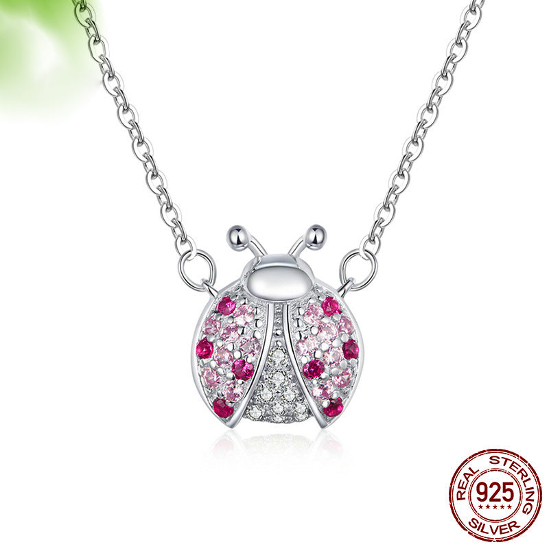 S925 Sterling Silver Necklace for Women Plated with White Gold Cute Pink Ladybug Pendant Necklace