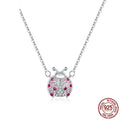 S925 Sterling Silver Necklace for Women Plated with White Gold Cute Pink Ladybug Pendant Necklace