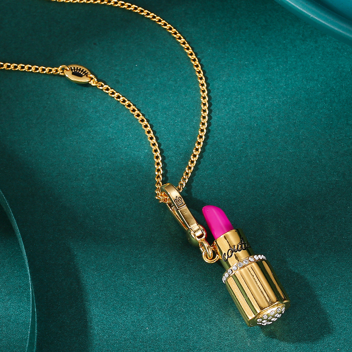 Enamel glazed diamond studded metal letters Barbie pink lipstick rotatable pendant necklace