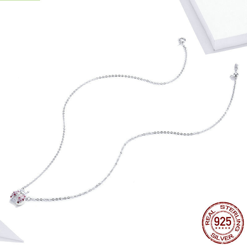 S925 Sterling Silver Necklace for Women Plated with White Gold Cute Pink Ladybug Pendant Necklace